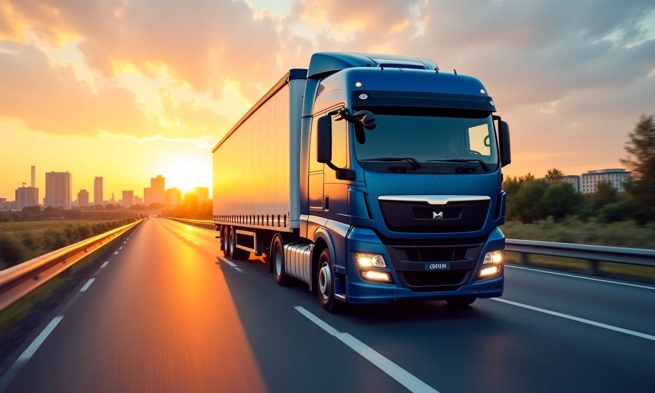 Ciężarówka EXPDEAL SP Z O O na trasie w Warszawie w promieniach słońca